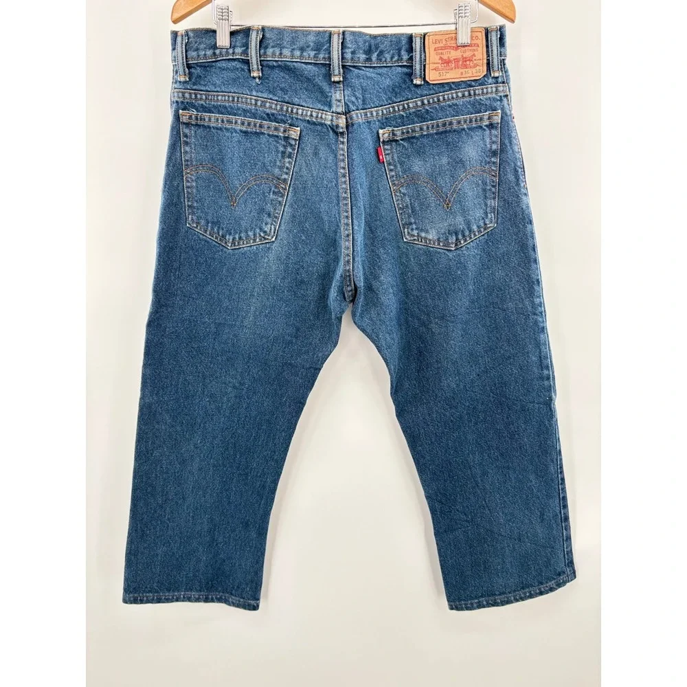 Levis 517 Mens Bootcut Jeans Distressed Clean Indigo Blue Denim(Measures 36x24)